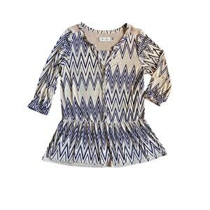 Womens Chevron Peplum Blouse Size L Blue Ivory Statement Workwear Gold Buttons